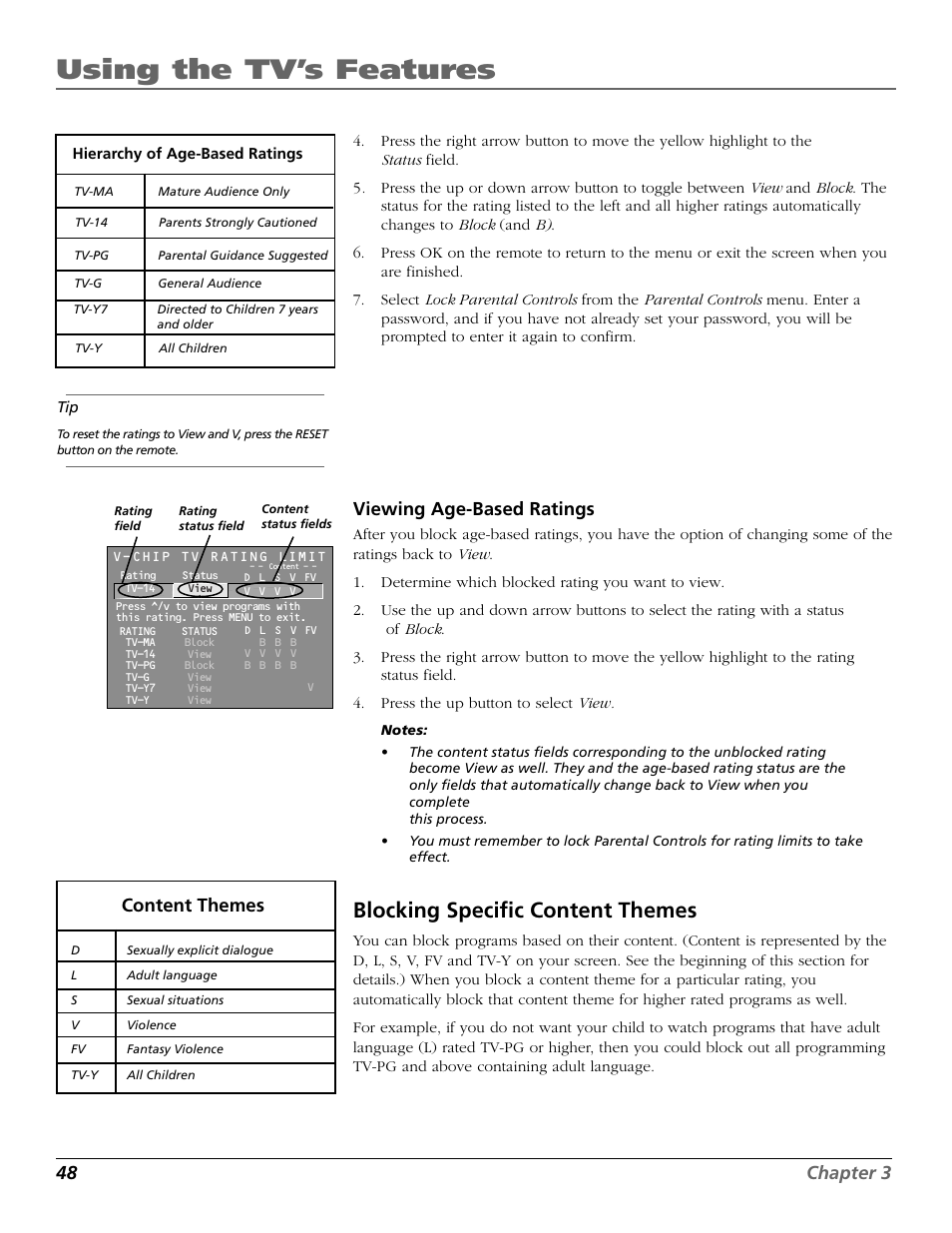 Blocking specific content themes, Using the tv’s features, 48 chapter 3 | Viewing age-based ratings, Content themes | RCA D32TF20 User Manual | Page 50 / 80