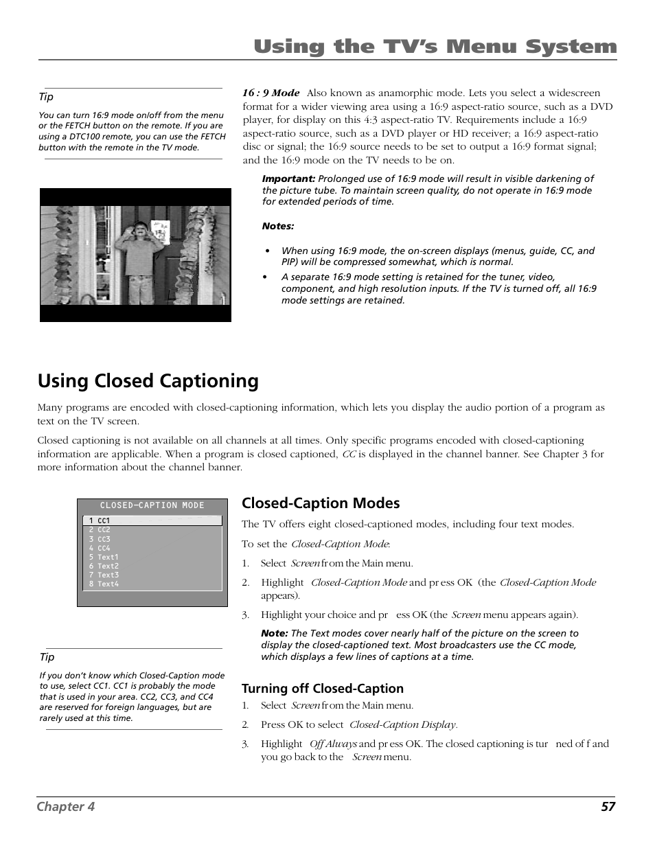 Using closed captioning, Using the tv’s menu system, Closed-caption modes | RCA D32TF20 User Manual | Page 59 / 80