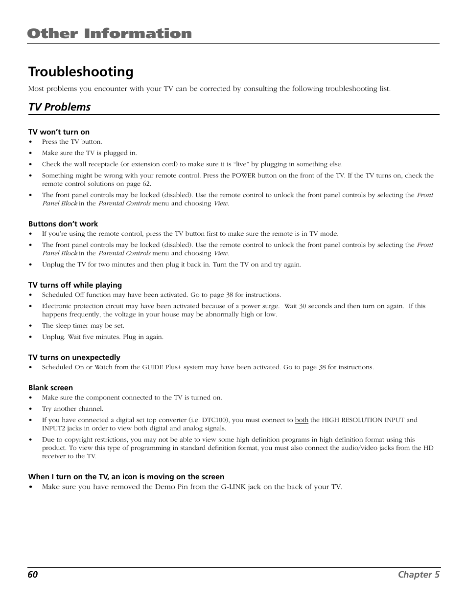 Troubleshooting, Other information, Tv problems | RCA D32TF20 User Manual | Page 62 / 80