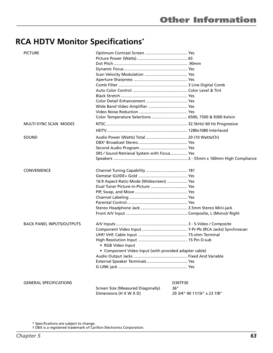Other information, Rca hdtv monitor specifications | RCA D32TF20 User Manual | Page 65 / 80