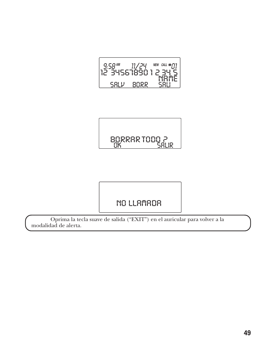 Name, Borrar todo, No llamada | Sali salv, Borr, Salir ok | RCA Model 21011 User Manual | Page 111 / 124