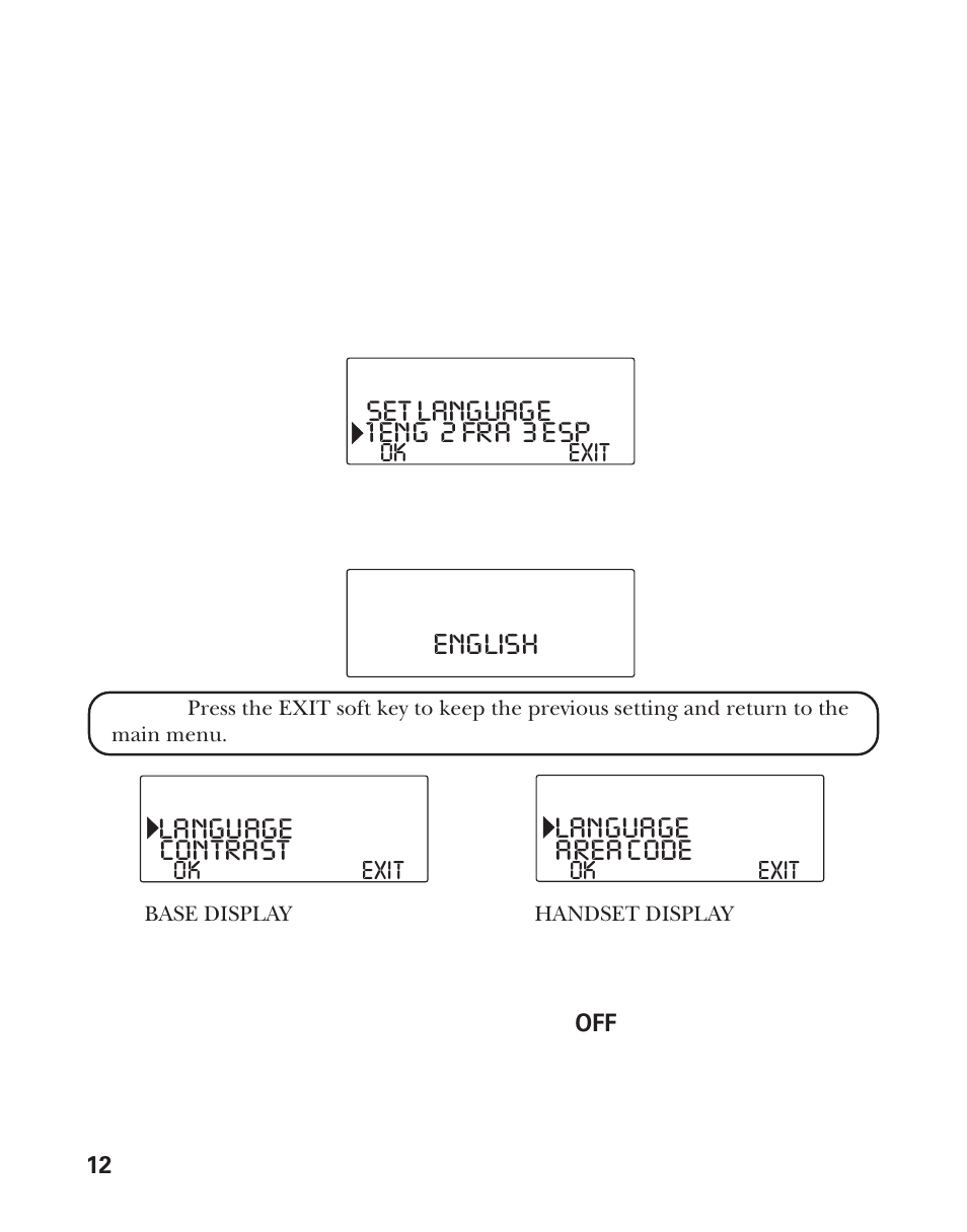 Set language, 1 eng 2 fra 3 esp, English language | Area code language, Contrast | RCA Model 21011 User Manual | Page 12 / 124