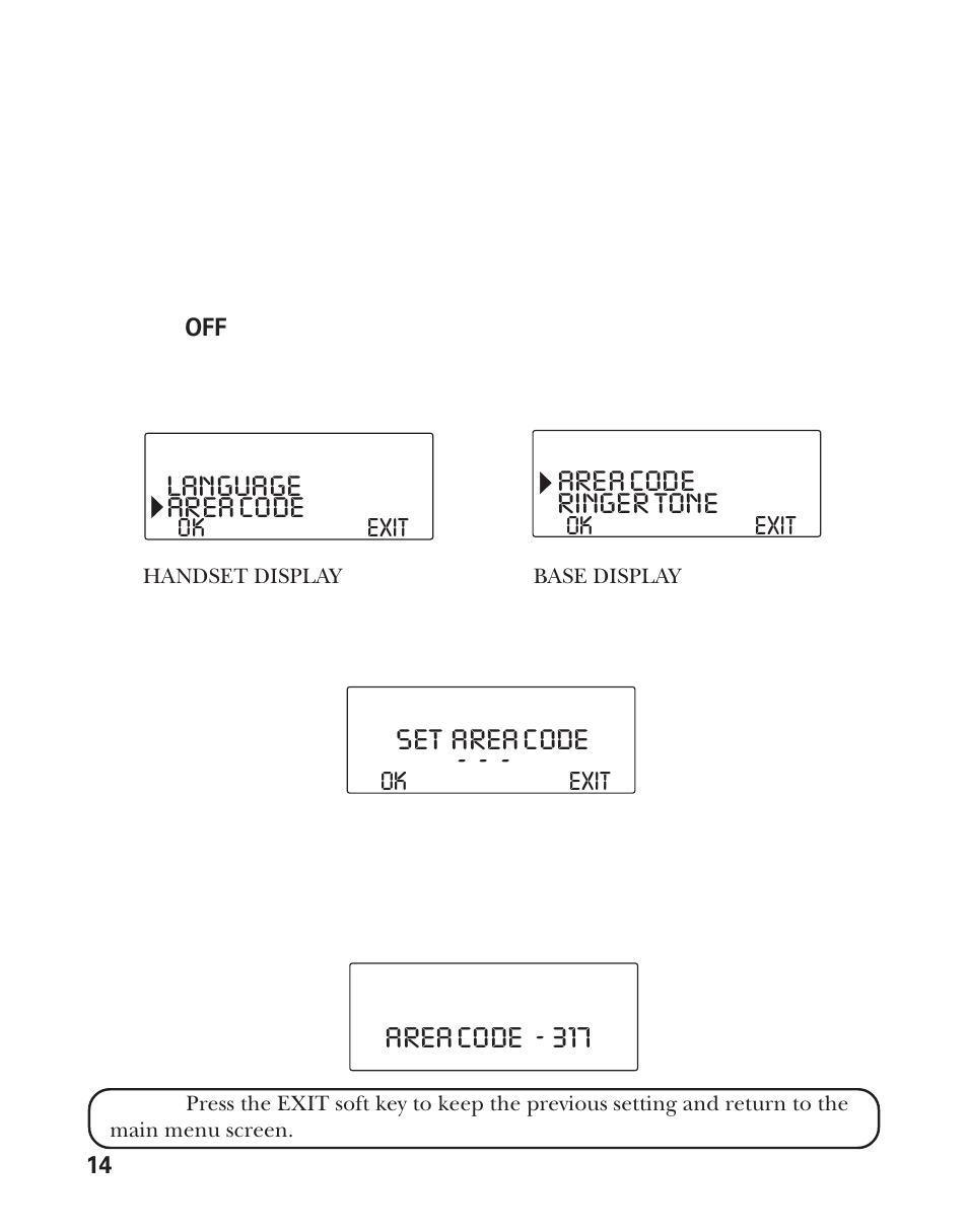 Language, Area code, Set area code | Area code - 317 ringer tone | RCA Model 21011 User Manual | Page 14 / 124