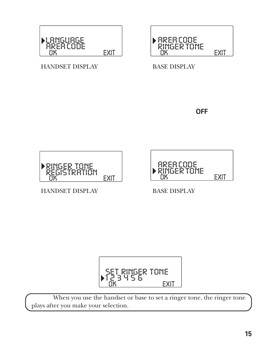 Area code, Language ringer tone, Ringer tone | Registration ringer tone, Set ringer tone | RCA Model 21011 User Manual | Page 15 / 124