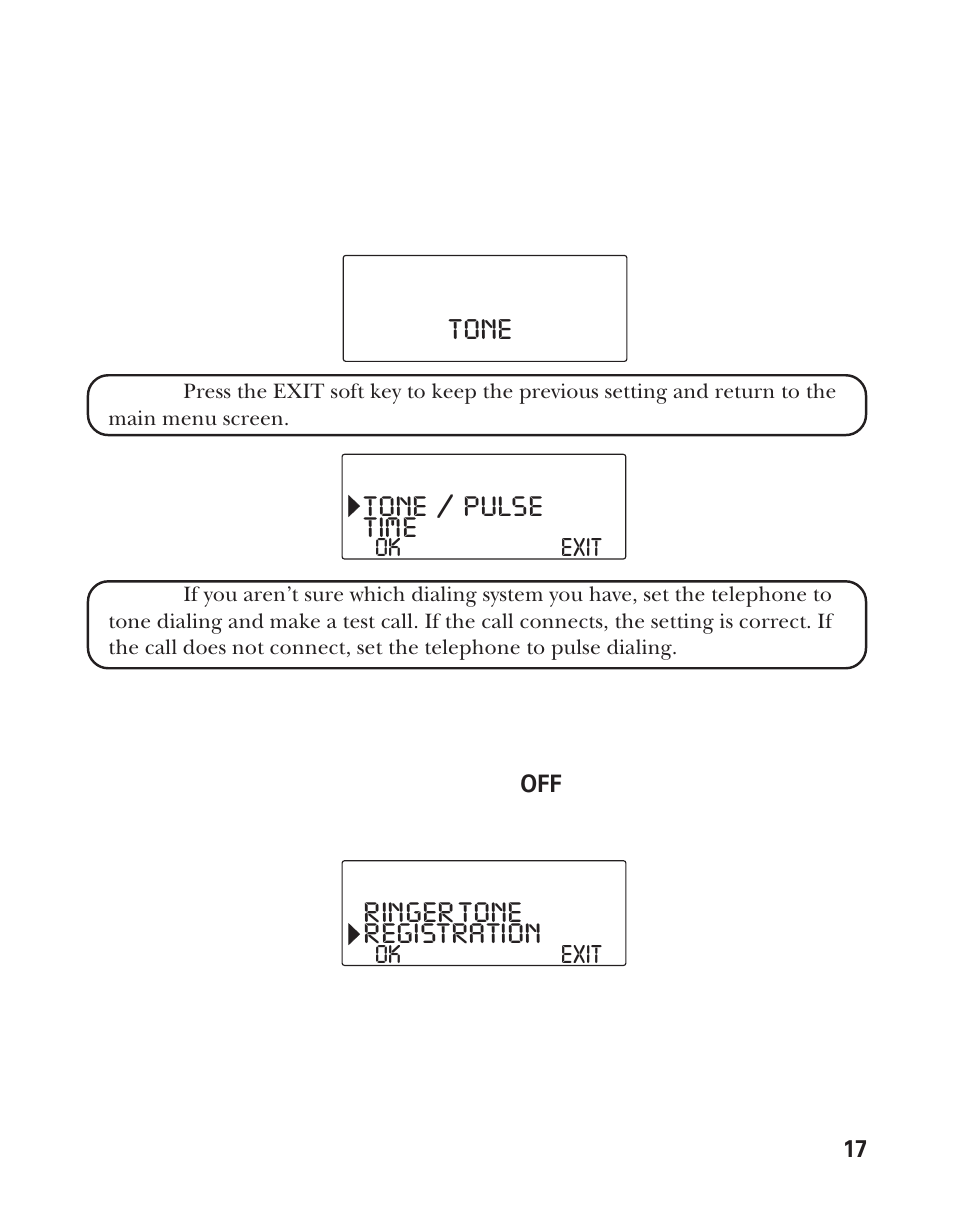 Tone tone / pulse, Time, Ringer tone | Registration | RCA Model 21011 User Manual | Page 17 / 124