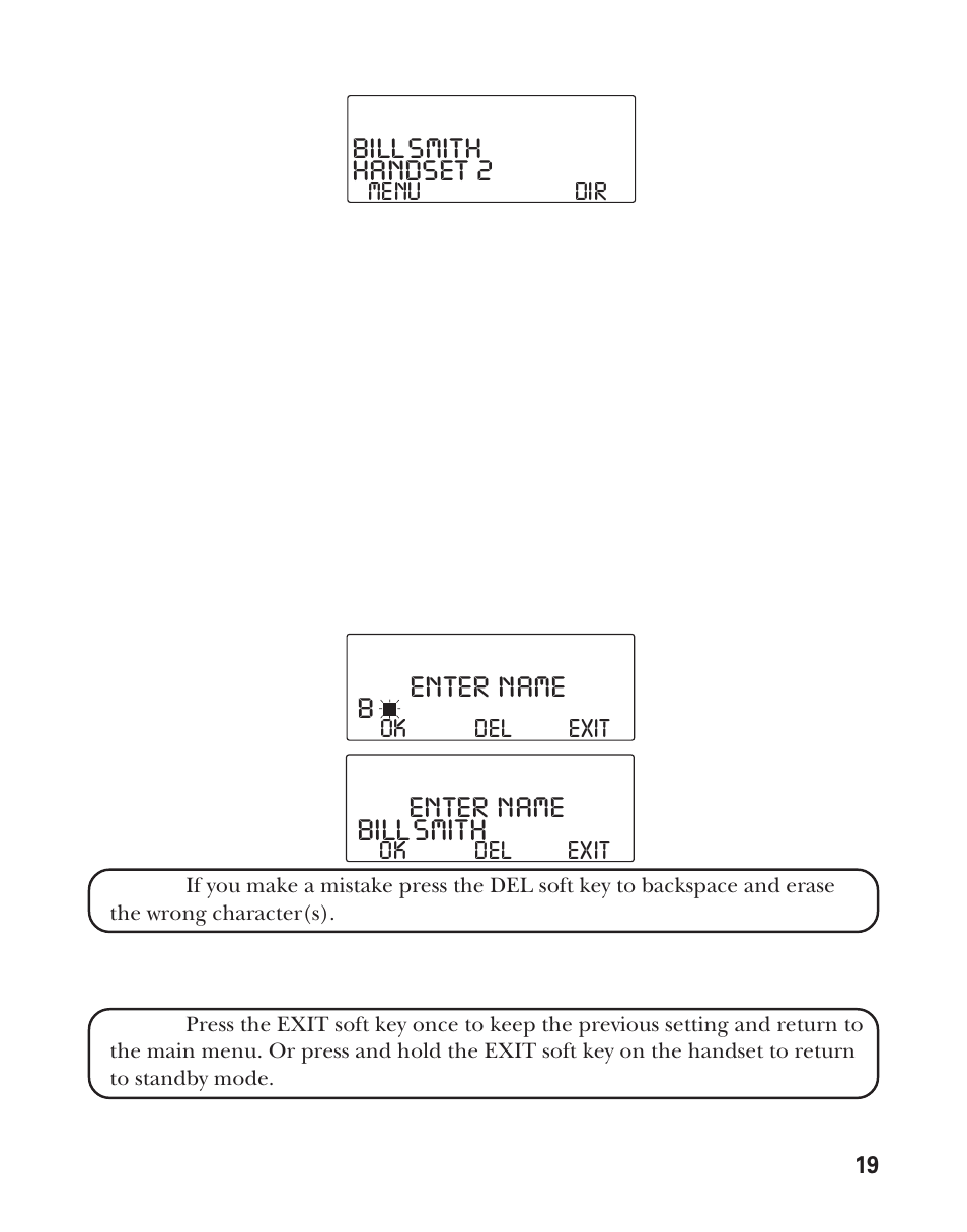 Enter name, Benter name, Bill smith | Bill smith handset 2 | RCA Model 21011 User Manual | Page 19 / 124