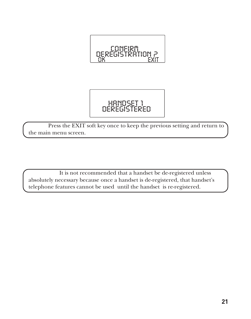 Confirm deregistration, Handset 1 deregistered | RCA Model 21011 User Manual | Page 21 / 124