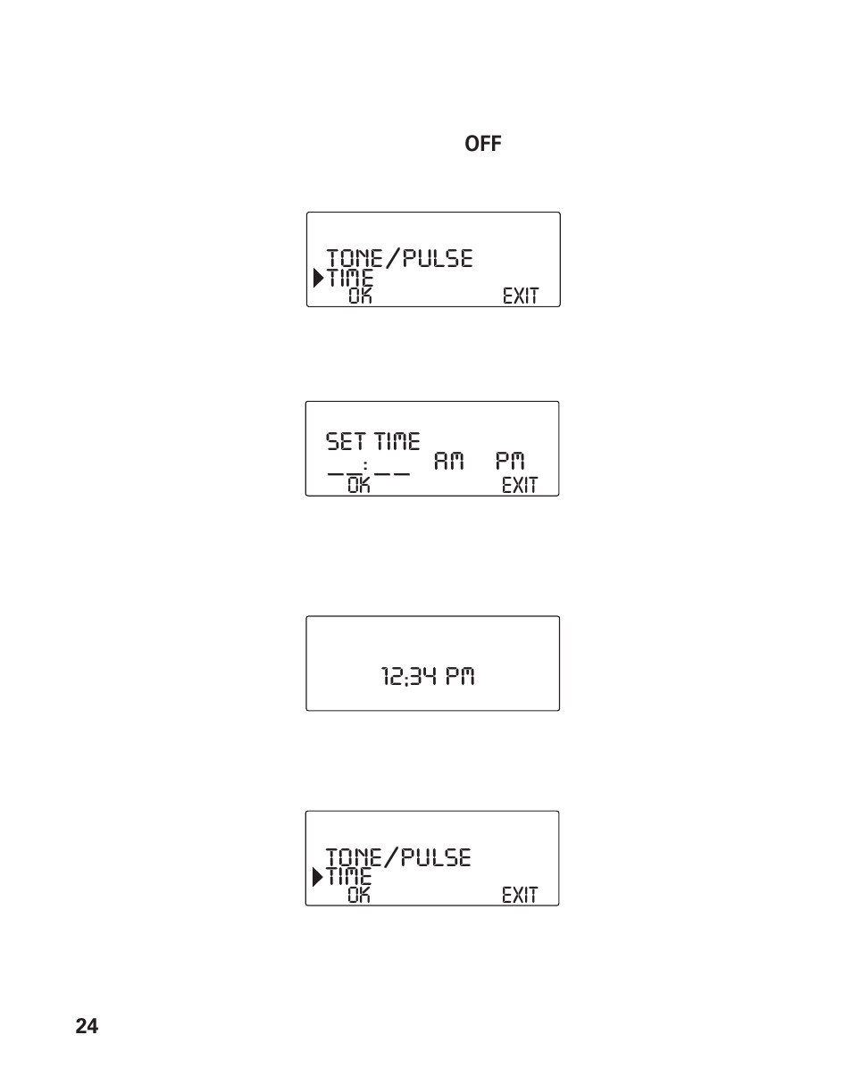 12;34 pm tone/pulse time, Set time _ _ : _ _ am pm, Tone/pulse time | RCA Model 21011 User Manual | Page 24 / 124