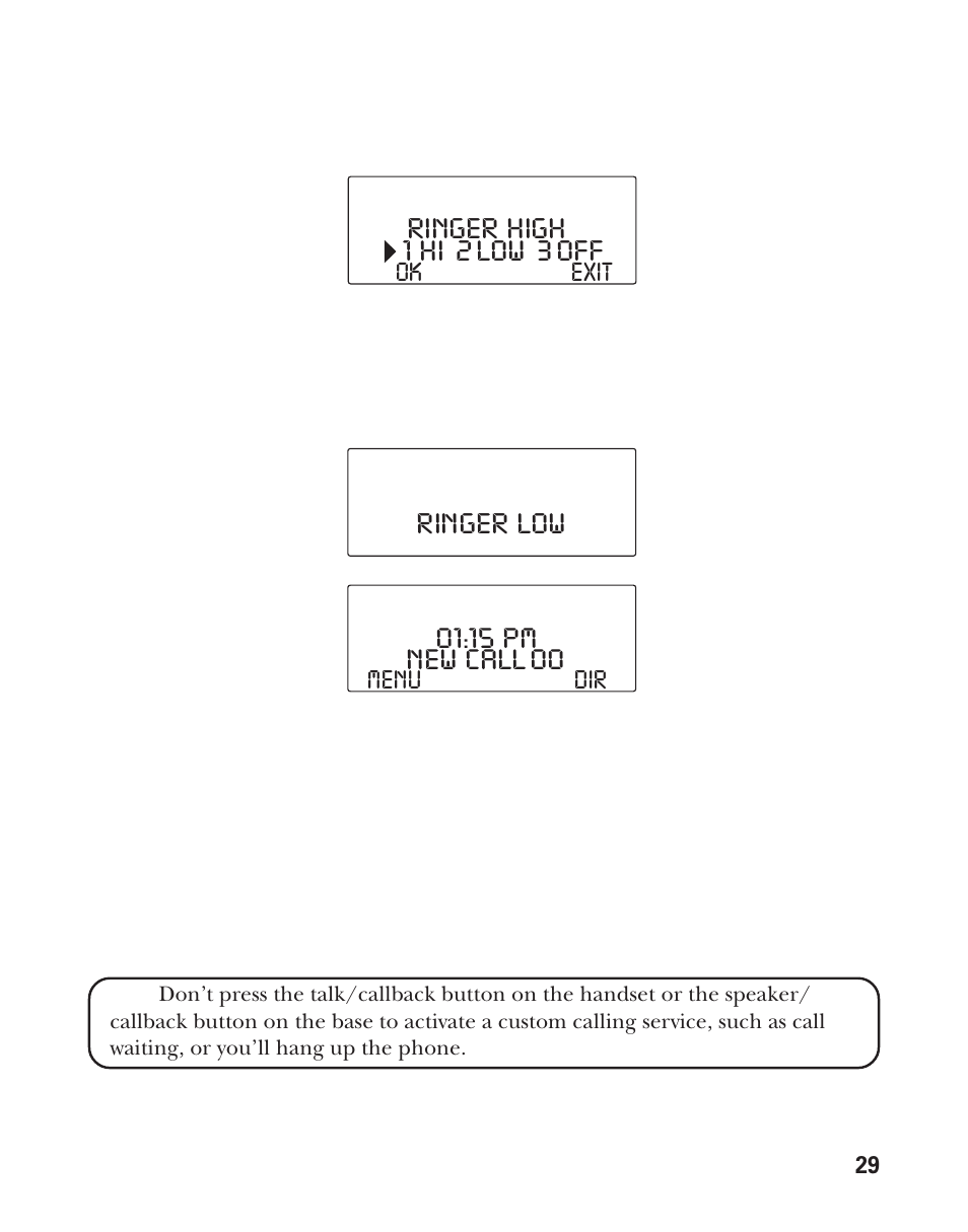 1 hi 2 low 3 off, Ringer high ringer low 01:15 pm, New call 00 | RCA Model 21011 User Manual | Page 29 / 124