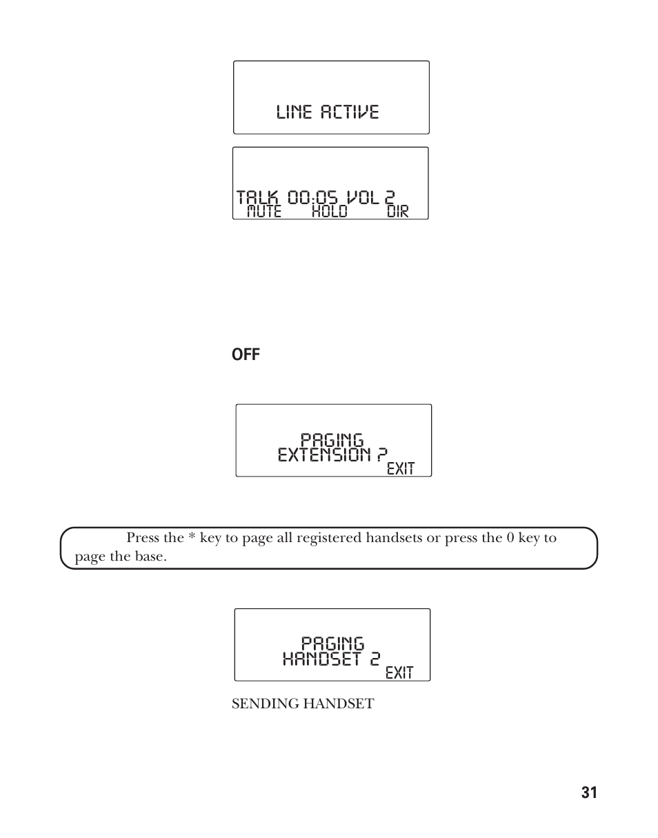 Line active paging extension, Handset 2, Paging | RCA Model 21011 User Manual | Page 31 / 124