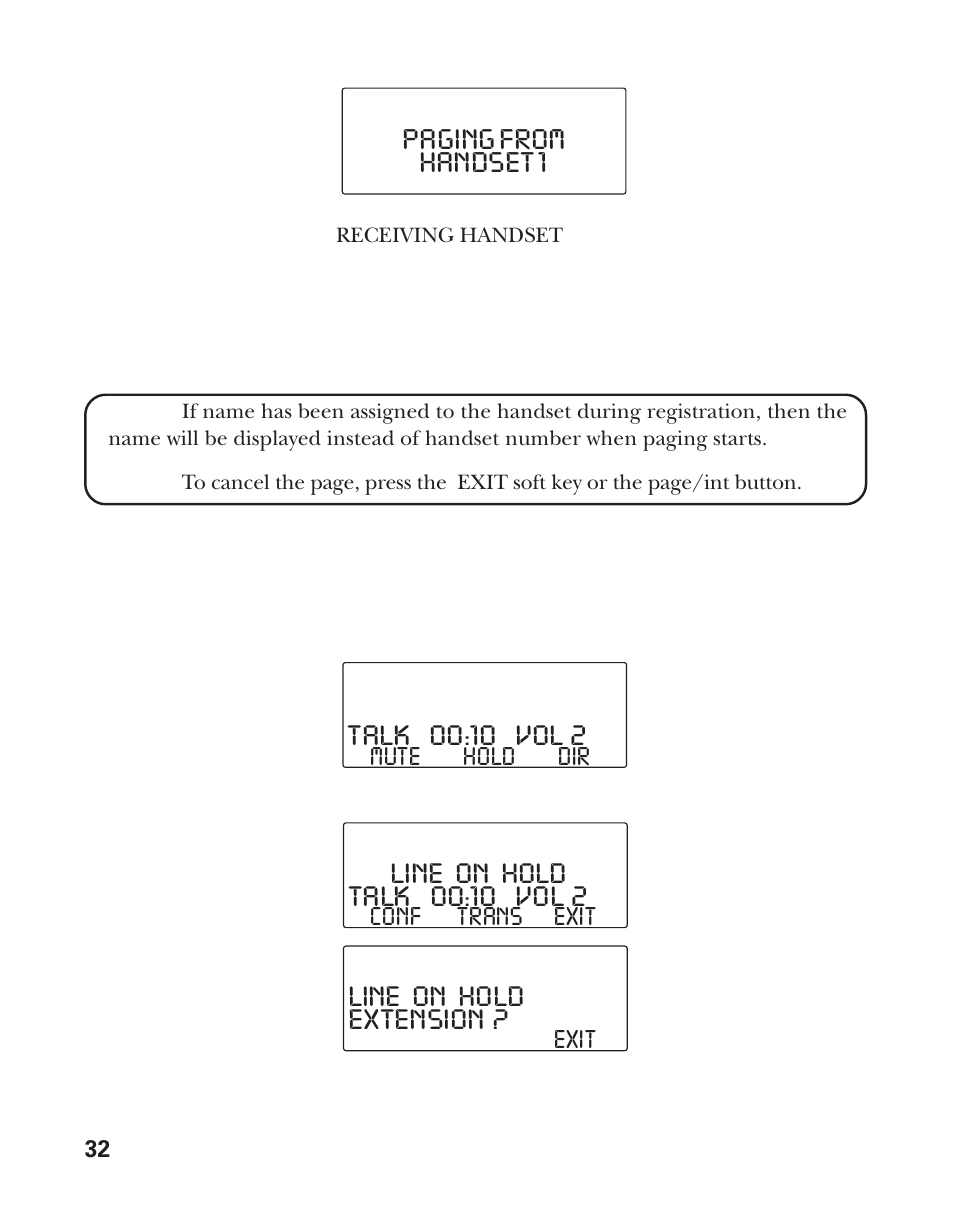 Line on hold extension, Line on hold handset 1 paging from | RCA Model 21011 User Manual | Page 32 / 124