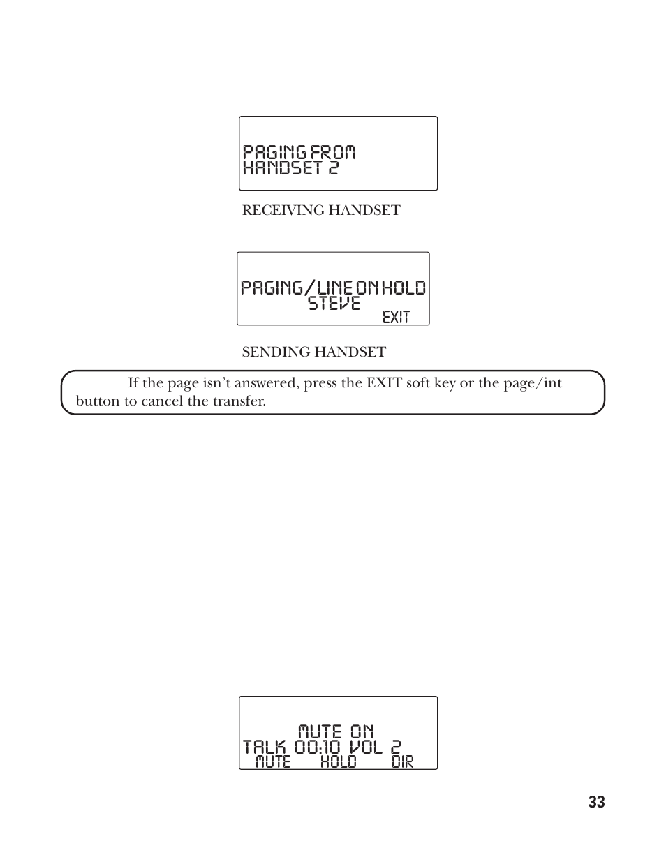 Handset 2 paging from steve, Mute on | RCA Model 21011 User Manual | Page 33 / 124
