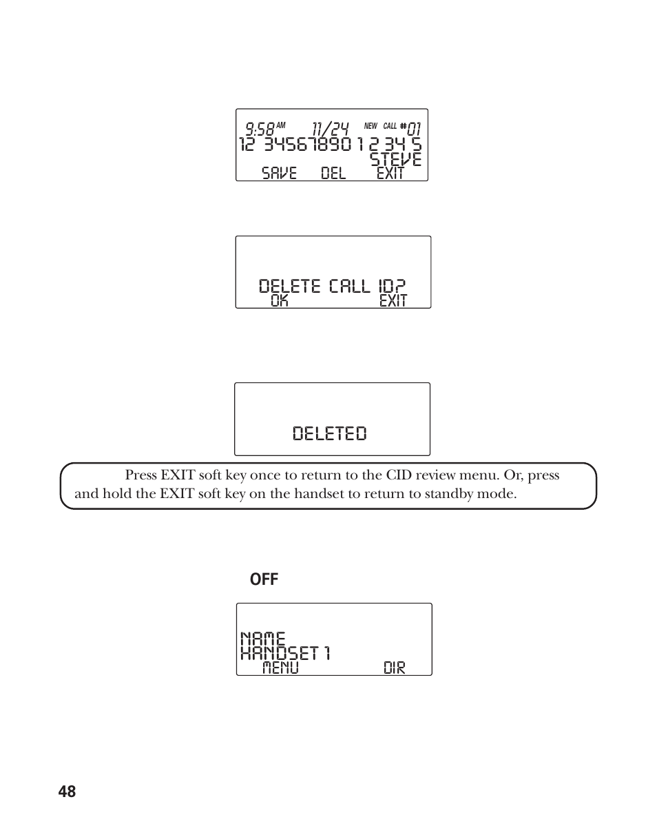 Deleted * * steve, Delete call id, Handset 1 | Name | RCA Model 21011 User Manual | Page 48 / 124