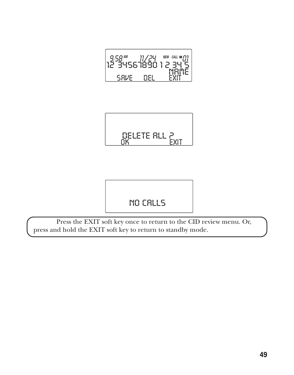Name, Delete all, No calls | Id e | RCA Model 21011 User Manual | Page 49 / 124