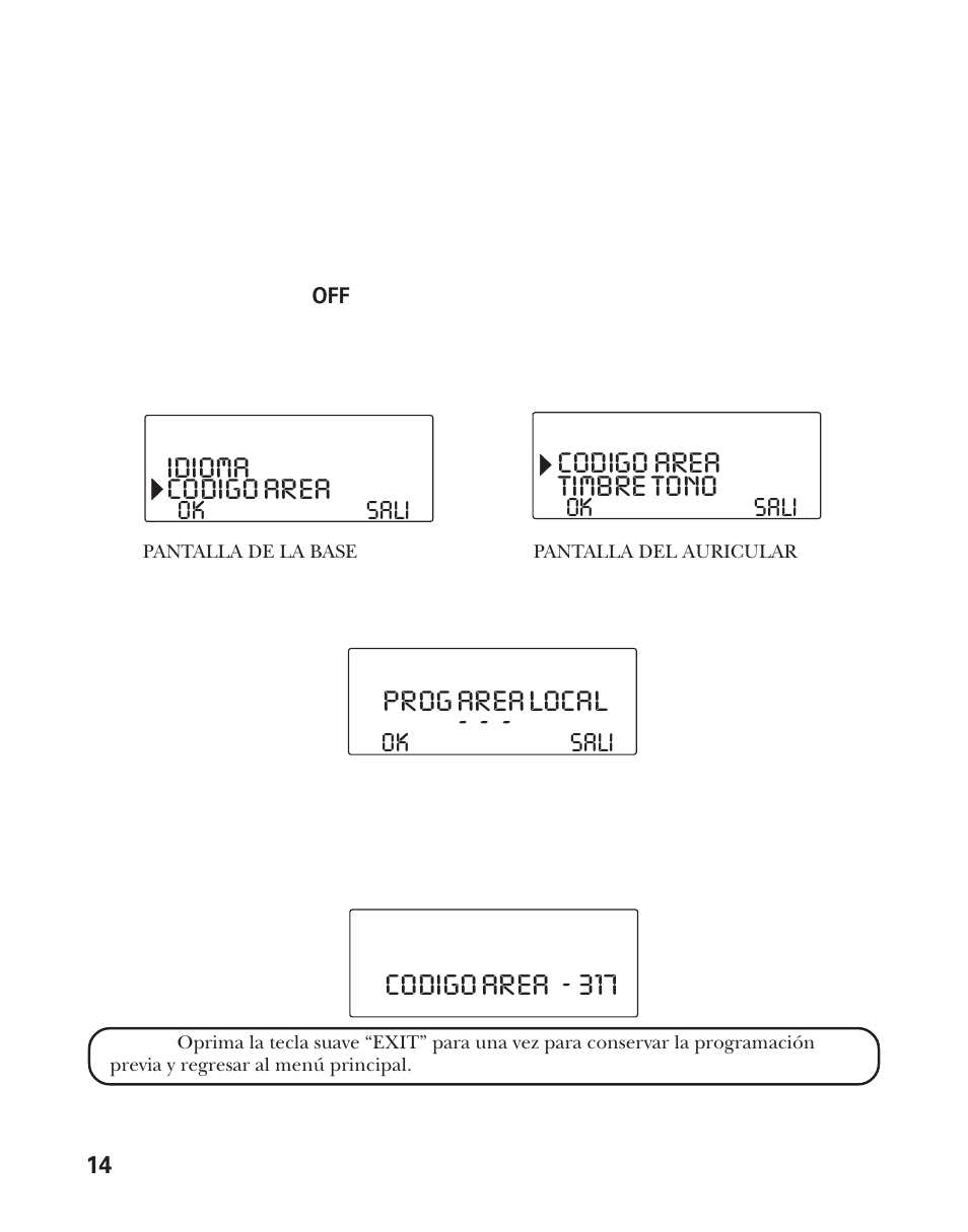 Idioma, Codigo area, Prog area local | Codigo area - 317 timbre tono | RCA Model 21011 User Manual | Page 76 / 124