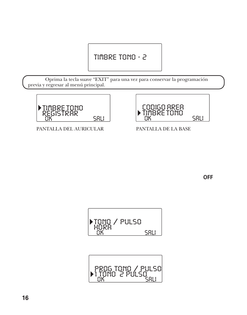 Timbre tono - 2 timbre tono, Registrar, Timbre tono | Codigo area, Tono / pulso, Hora, Prog tono / pulso, 1 ton0 2 puls0 | RCA Model 21011 User Manual | Page 78 / 124