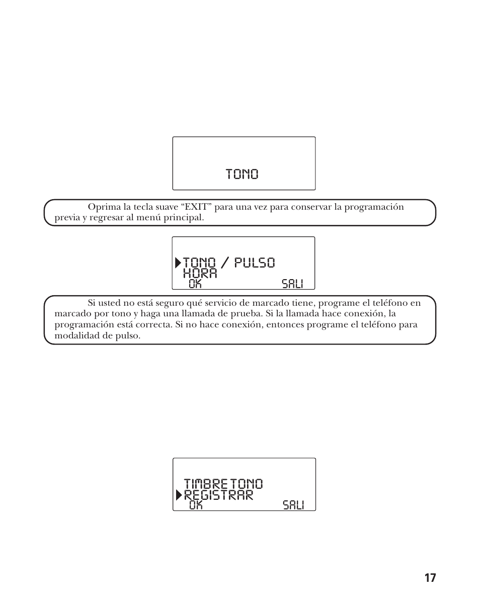 Tono tono / pulso, Hora, Timbre tono | Registrar, Sali | RCA Model 21011 User Manual | Page 79 / 124