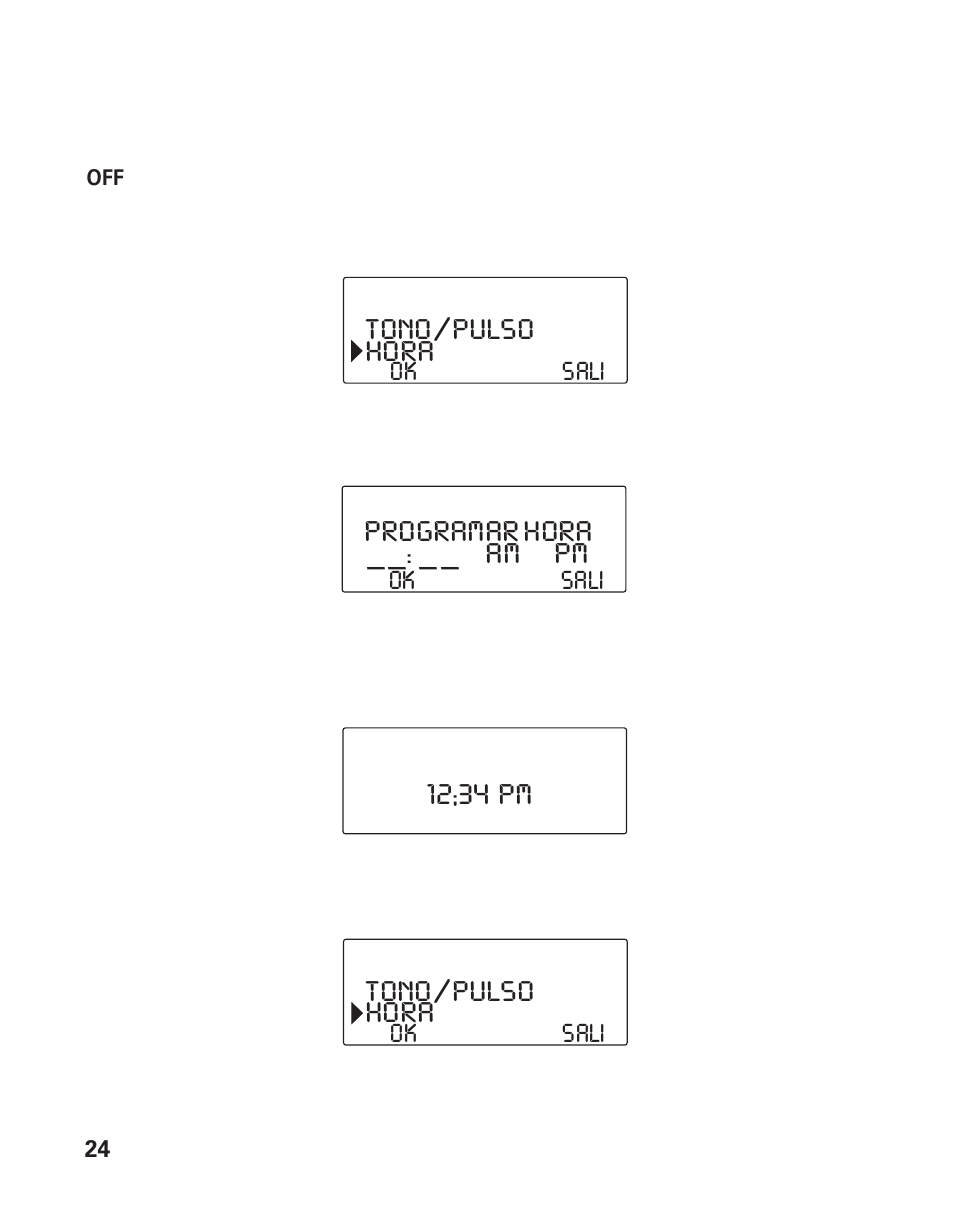 12;34 pm tono/pulso hora, Programar hora _ _ : _ _ am pm, Tono/pulso hora | RCA Model 21011 User Manual | Page 86 / 124