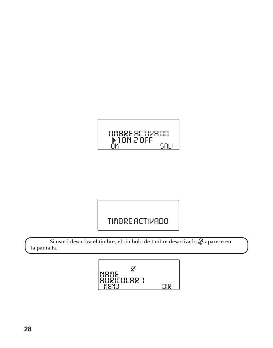 1 on 2 off timbre activado, Timbre activado name, Auricular 1 | RCA Model 21011 User Manual | Page 90 / 124