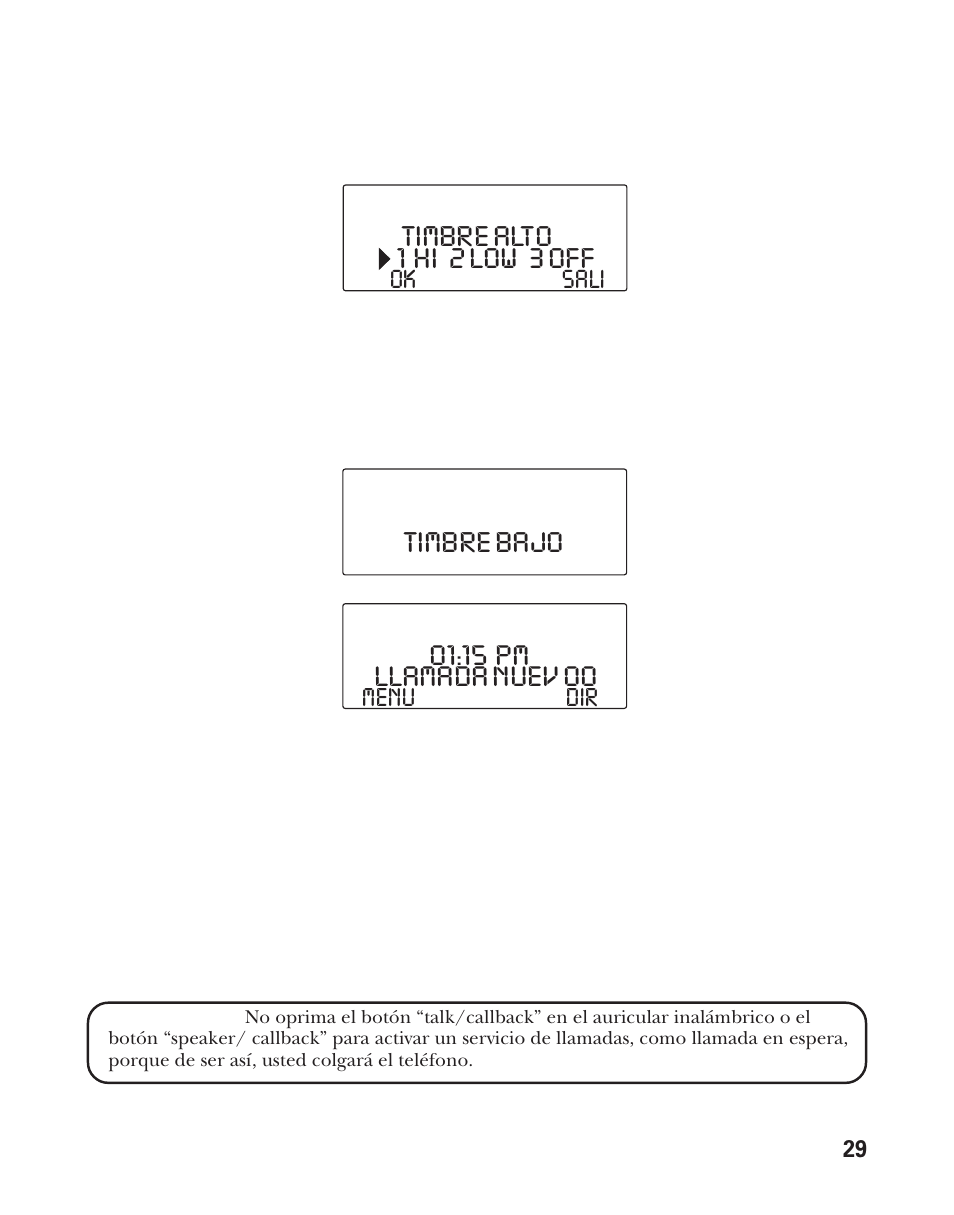 1 hi 2 low 3 off, Timbre alto timbre bajo 01:15 pm, Llamada nuev 00 | RCA Model 21011 User Manual | Page 91 / 124