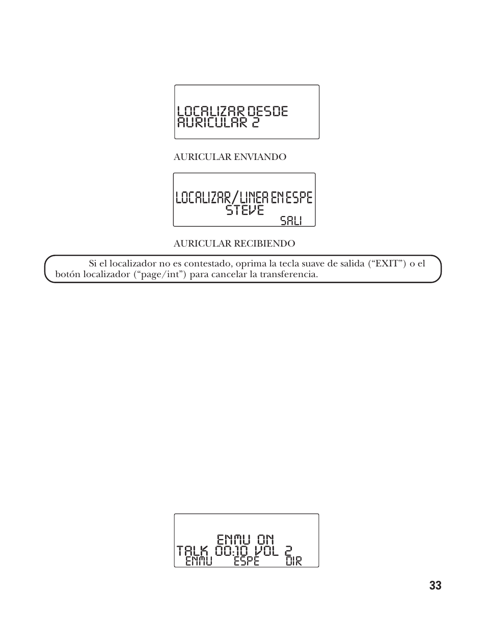 Localizar/linea en espe, Auricular 2 localizar desde steve, Enmu on | RCA Model 21011 User Manual | Page 95 / 124