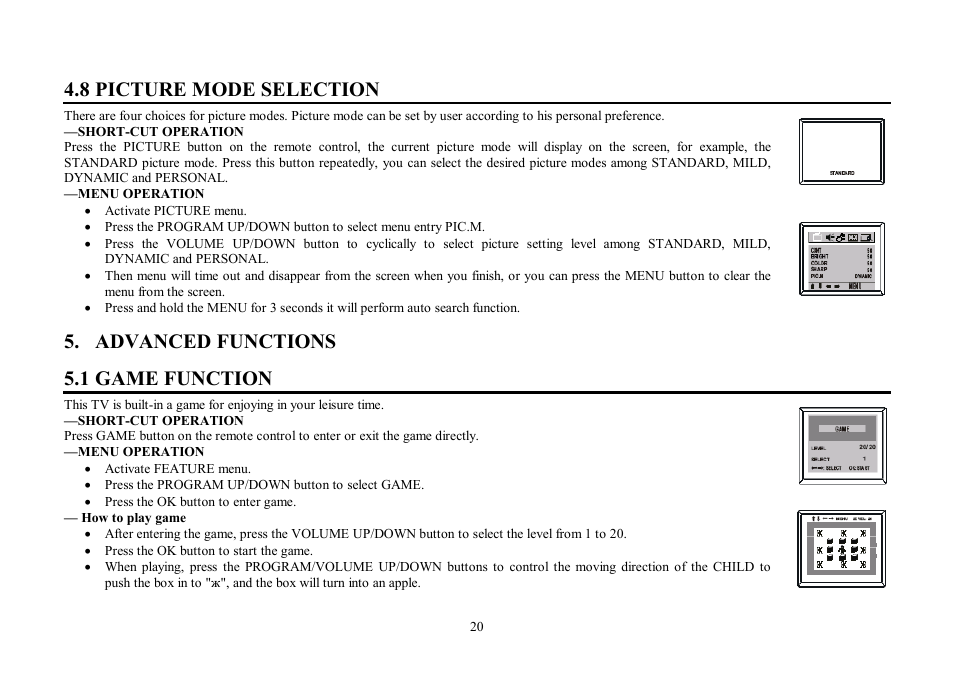 8 picture mode selection, Advanced functions 5.1 game function | Hyundai H-TV2901PF User Manual | Page 20 / 53