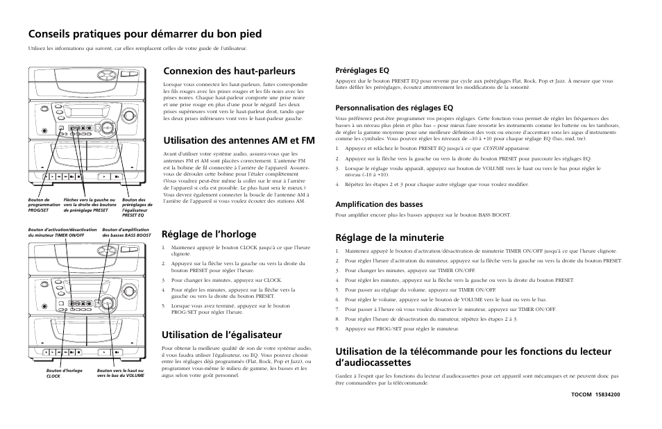 Conseils pratiques pour démarrer du bon pied, Connexion des haut-parleurs, Utilisation des antennes am et fm | Réglage de la minuterie, Réglage de l’horloge, Utilisation de l’égalisateur, Préréglages eq, Personnalisation des réglages eq, Amplification des basses, Playback/record | RCA RS1286B User Manual | Page 2 / 21