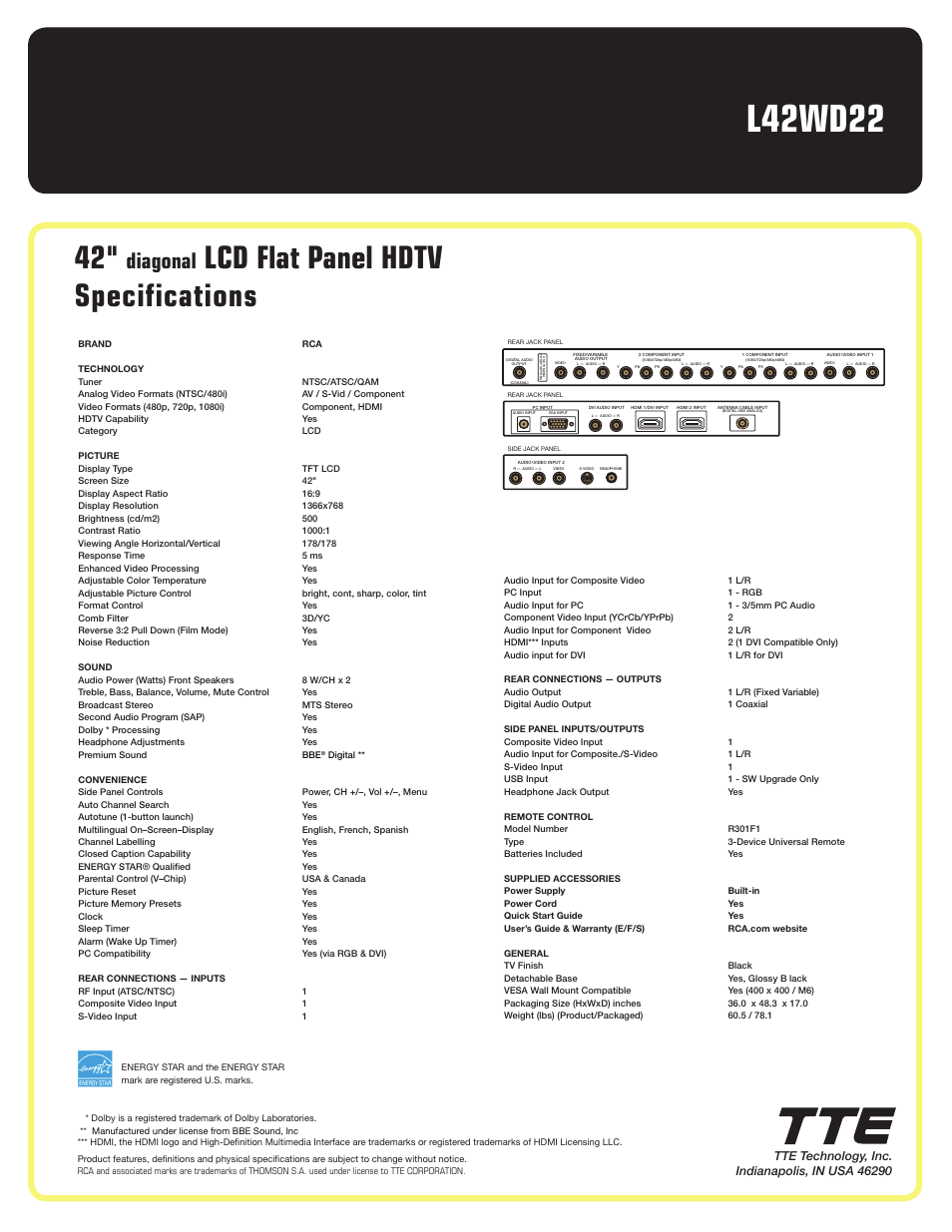 L42wd22, Lcd flat panel hdtv specifications, Diagonal | RCA L42WD22 User Manual | Page 2 / 2