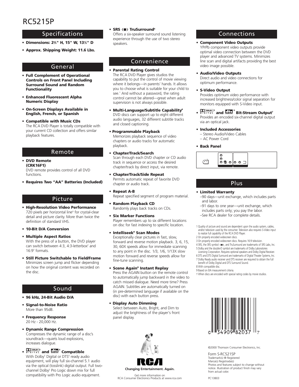 Rc5215p, Specifications, General | Remote, Picture, Sound, Convenience, Connections, Plus | RCA RC5215P User Manual | Page 2 / 2