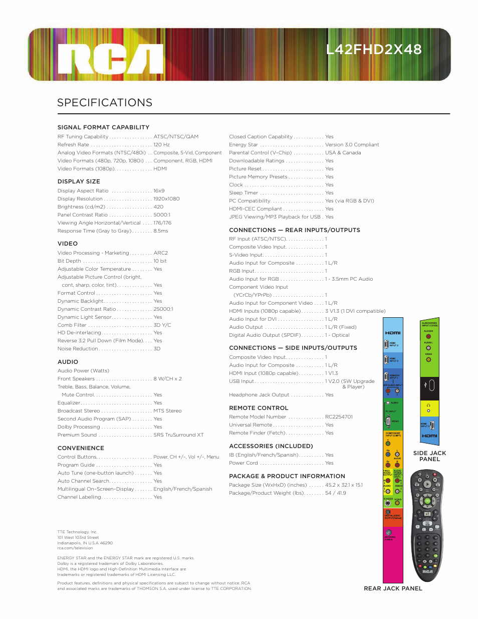 Specifications | RCA Scenium L42FHD2X48 User Manual | Page 2 / 2