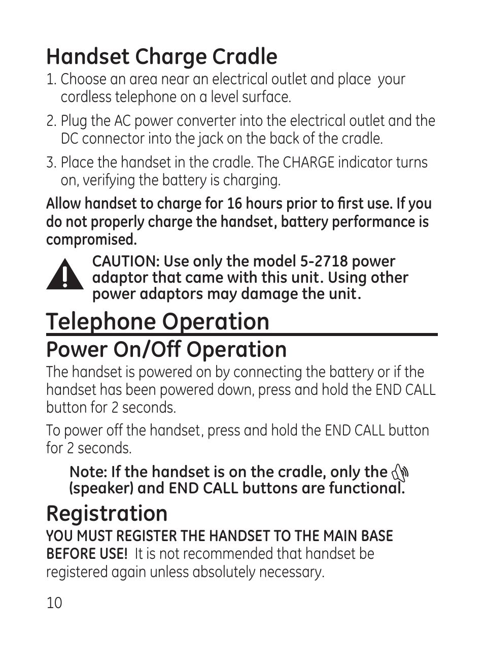 Telephone operation, Handset charge cradle, Power on/off operation | Registration | RCA Model 28301 User Manual | Page 10 / 48