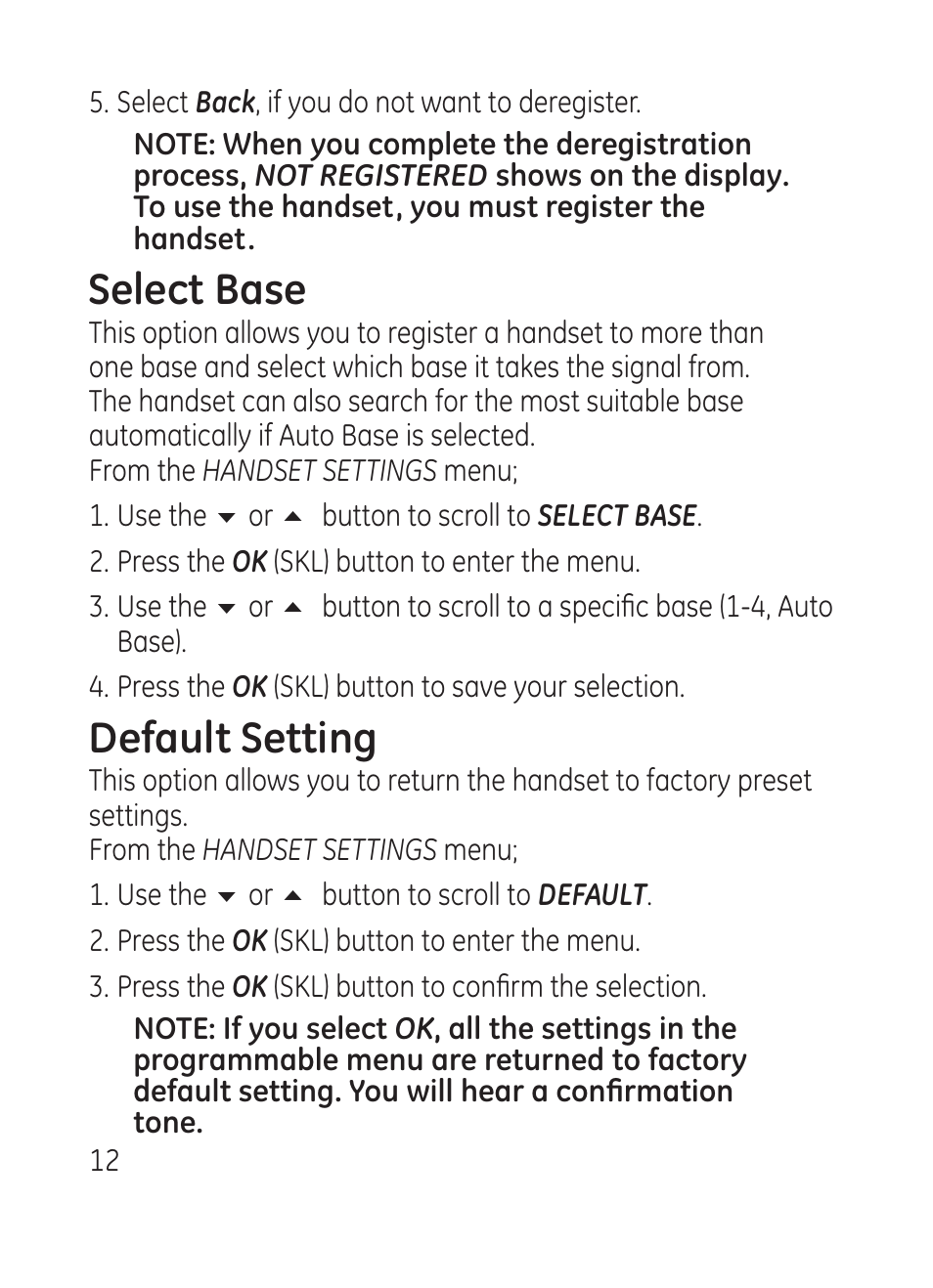 Select base, Default setting | RCA Model 28301 User Manual | Page 12 / 48