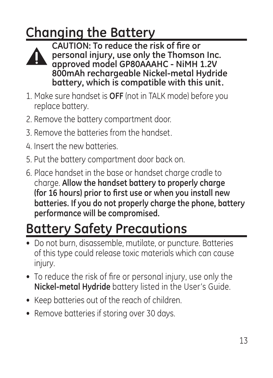 Changing the battery, Battery safety precautions | RCA Model 28301 User Manual | Page 13 / 48