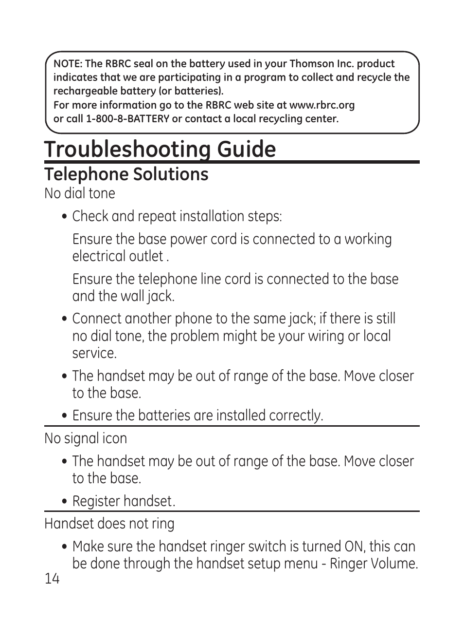 Troubleshooting guide, Telephone solutions | RCA Model 28301 User Manual | Page 14 / 48