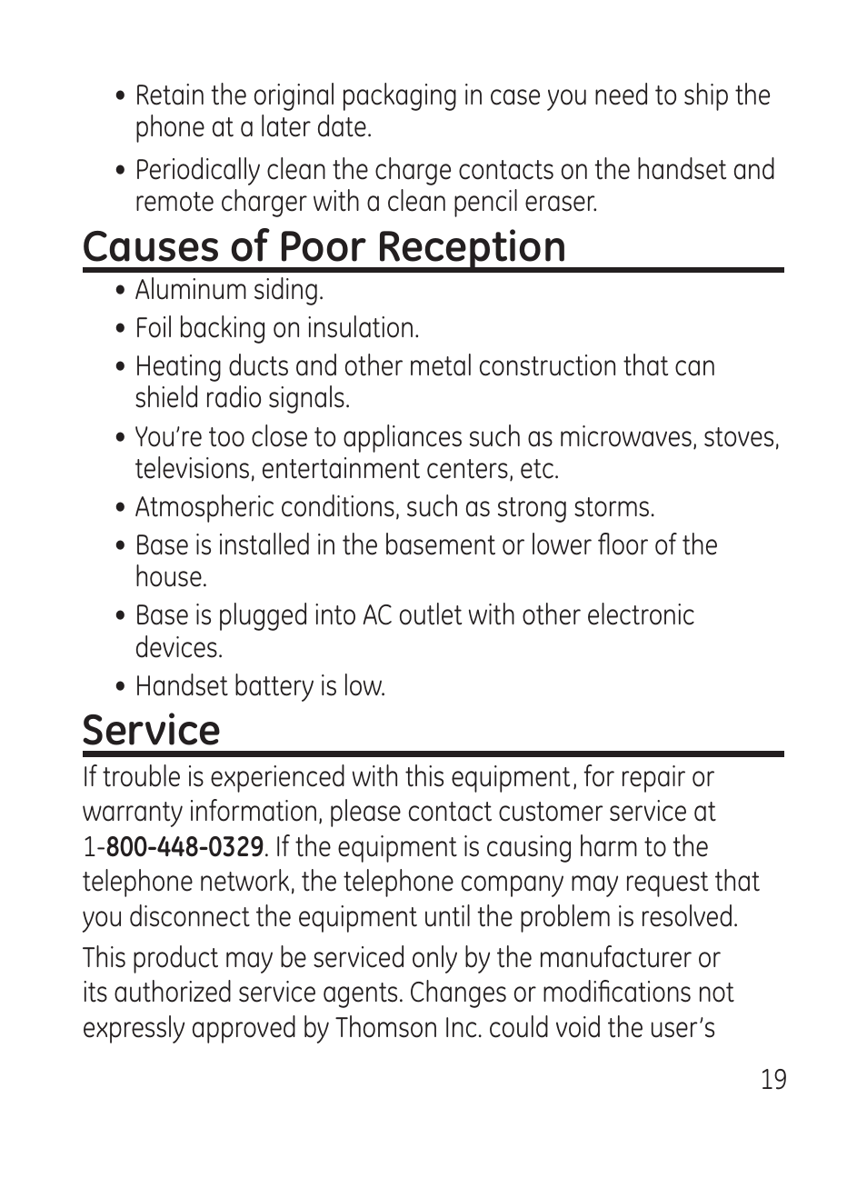 Causes of poor reception, Service | RCA Model 28301 User Manual | Page 19 / 48