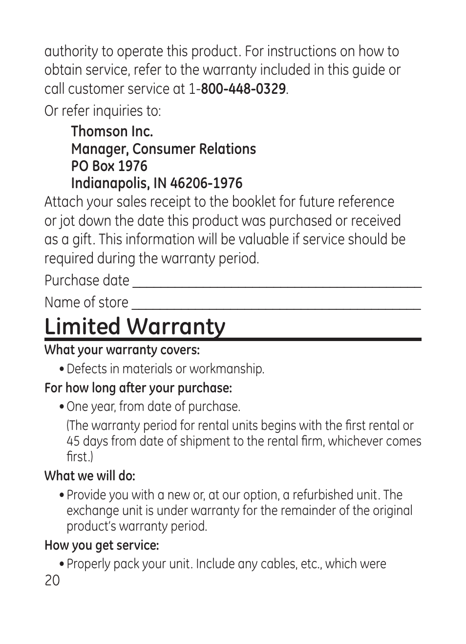 Limited warranty | RCA Model 28301 User Manual | Page 20 / 48