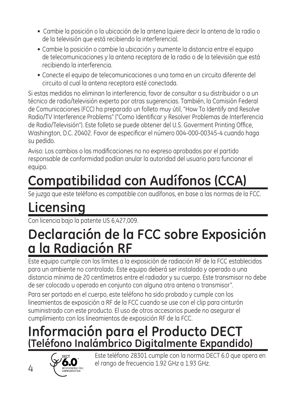 Compatibilidad con audífonos (cca), Licensing, Información para el producto dect | Teléfono inalámbrico digitalmente expandido) | RCA Model 28301 User Manual | Page 28 / 48