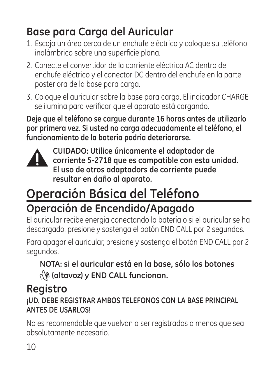 Operación básica del teléfono, Base para carga del auricular, Operación de encendido/apagado | Registro | RCA Model 28301 User Manual | Page 34 / 48