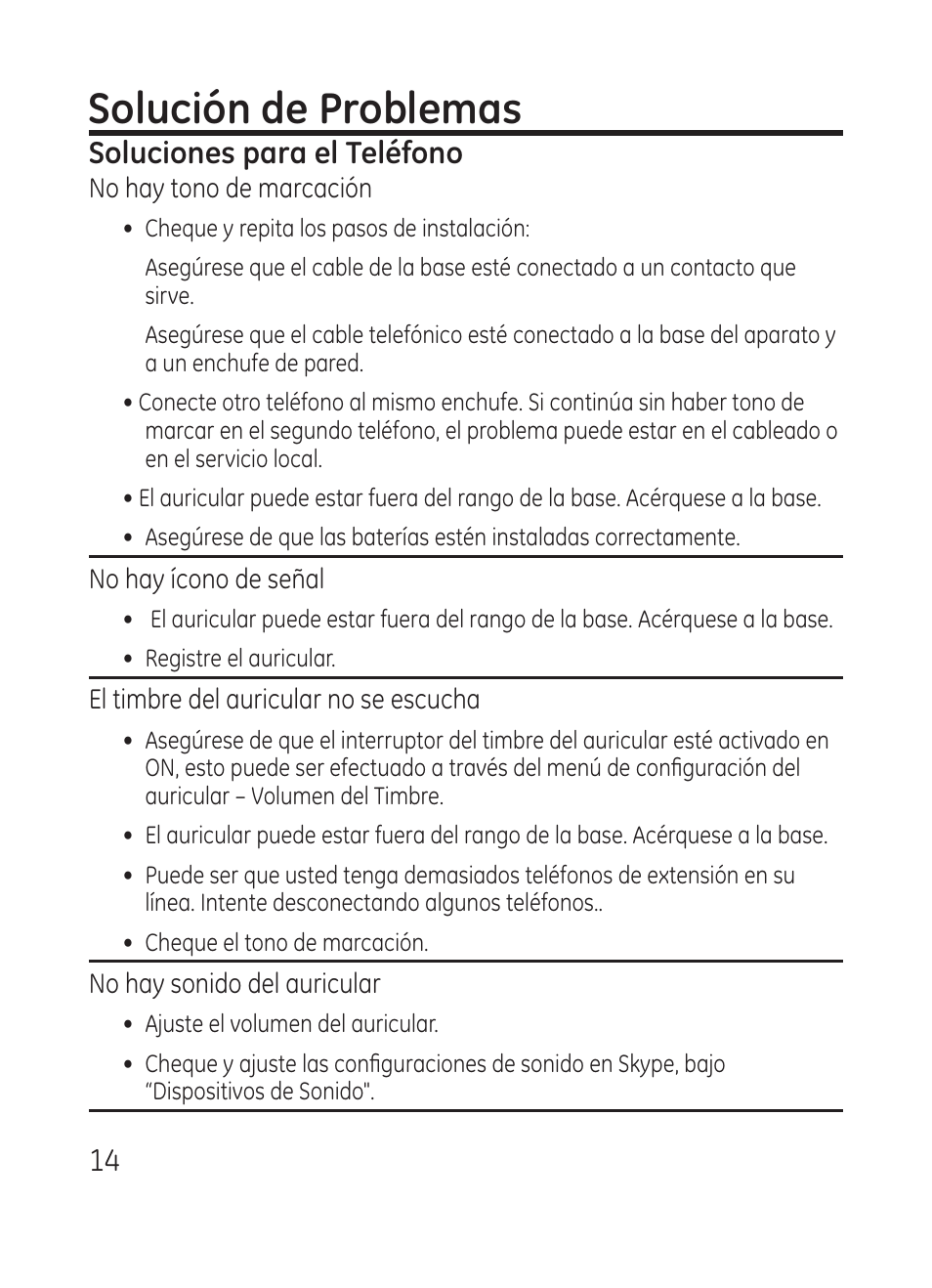 Solución de problemas, Soluciones para el teléfono | RCA Model 28301 User Manual | Page 38 / 48