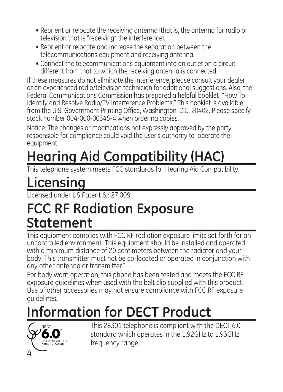 Hearing aid compatibility (hac), Licensing, Fcc rf radiation exposure statement | Information for dect product | RCA Model 28301 User Manual | Page 4 / 48