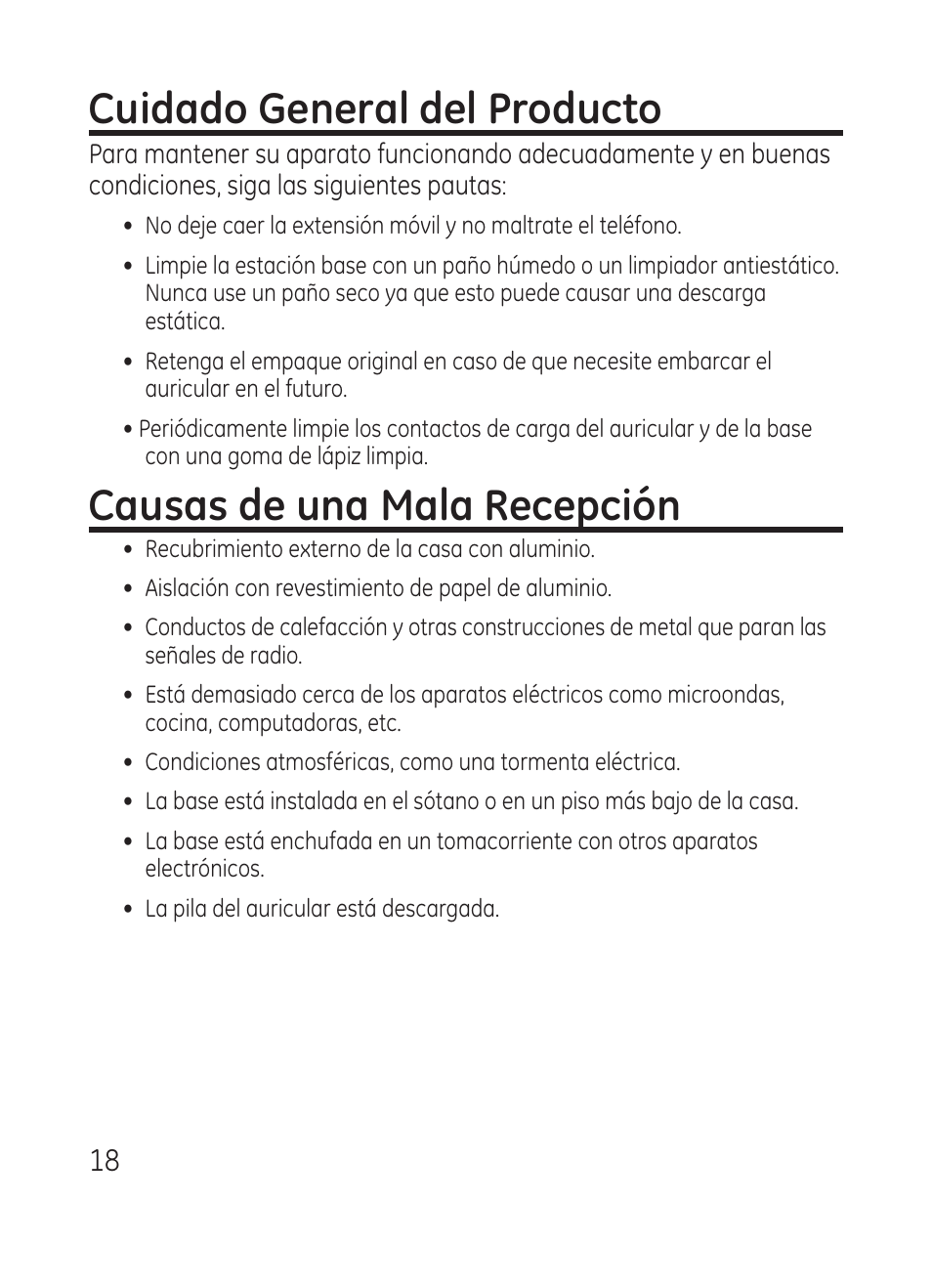 Cuidado general del producto, Causas de una mala recepción | RCA Model 28301 User Manual | Page 42 / 48