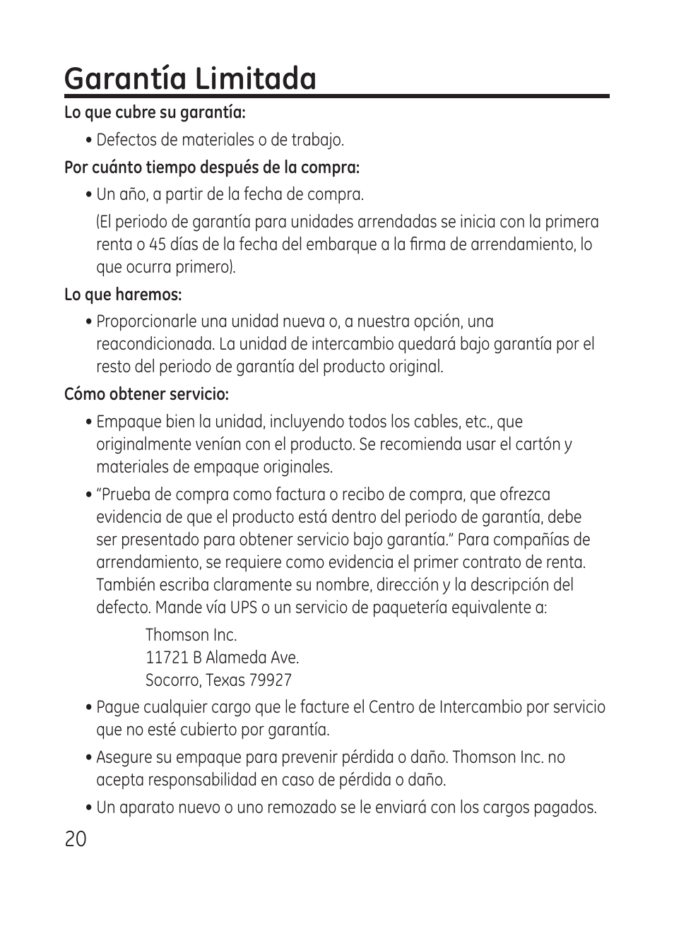 Garantía limitada | RCA Model 28301 User Manual | Page 44 / 48