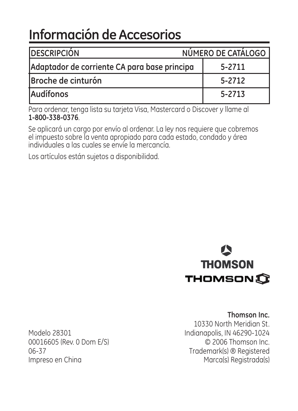 Información de accesorios | RCA Model 28301 User Manual | Page 48 / 48