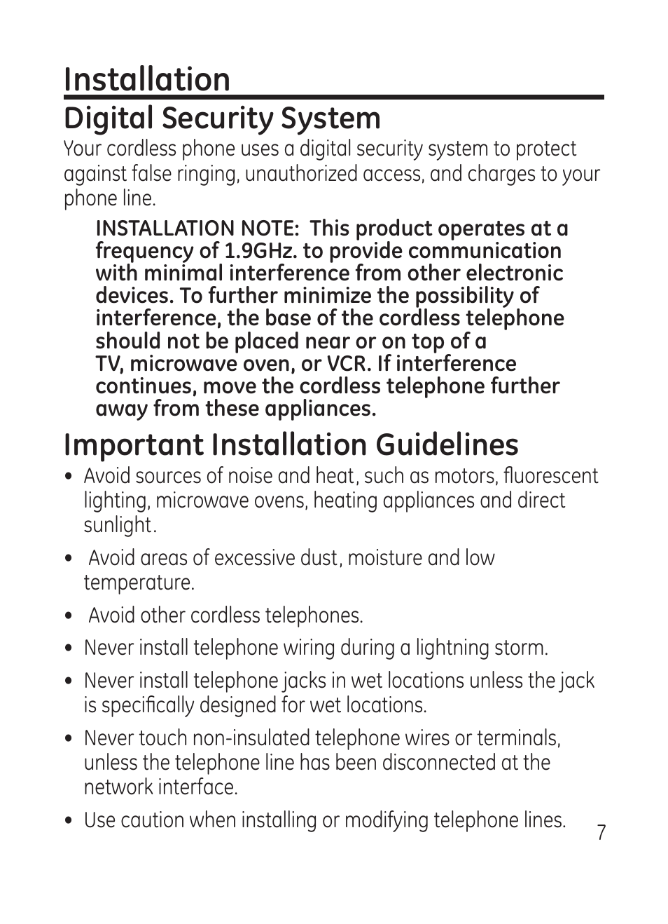 Installation, Digital security system, Important installation guidelines | RCA Model 28301 User Manual | Page 7 / 48