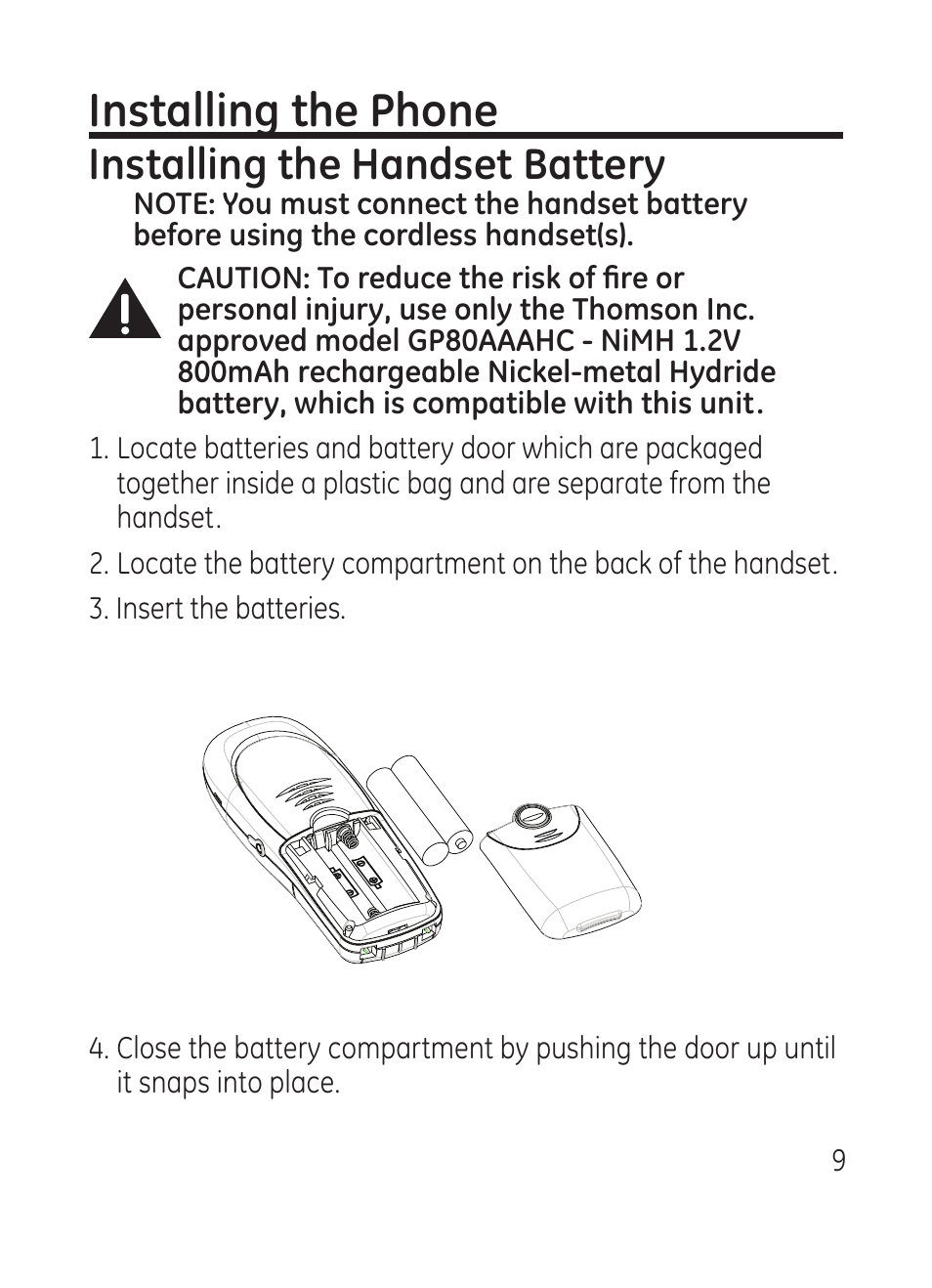Installing the phone, Installing the handset battery | RCA Model 28301 User Manual | Page 9 / 48