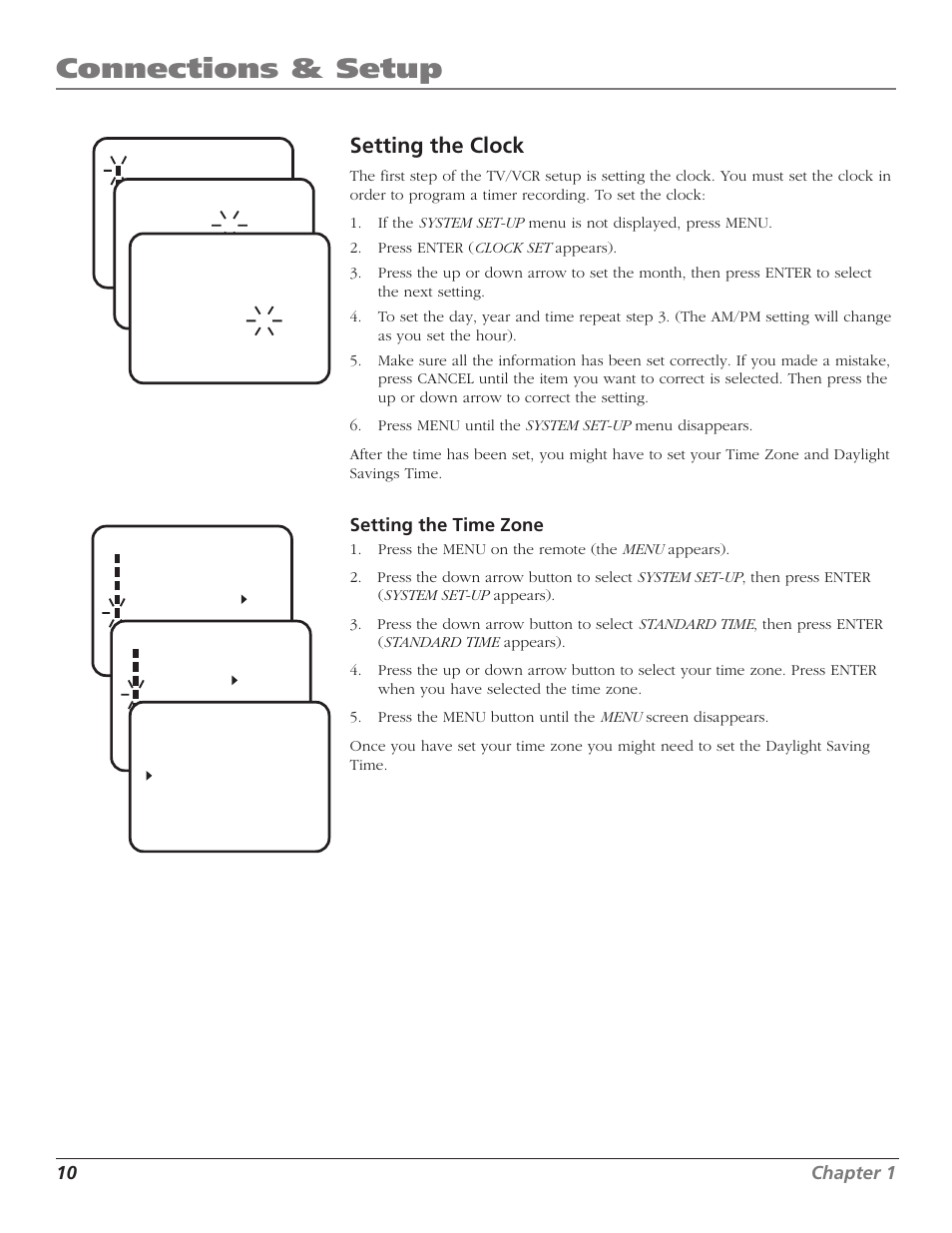 Connections & setup, Setting the clock | RCA T25208 User Manual | Page 12 / 44