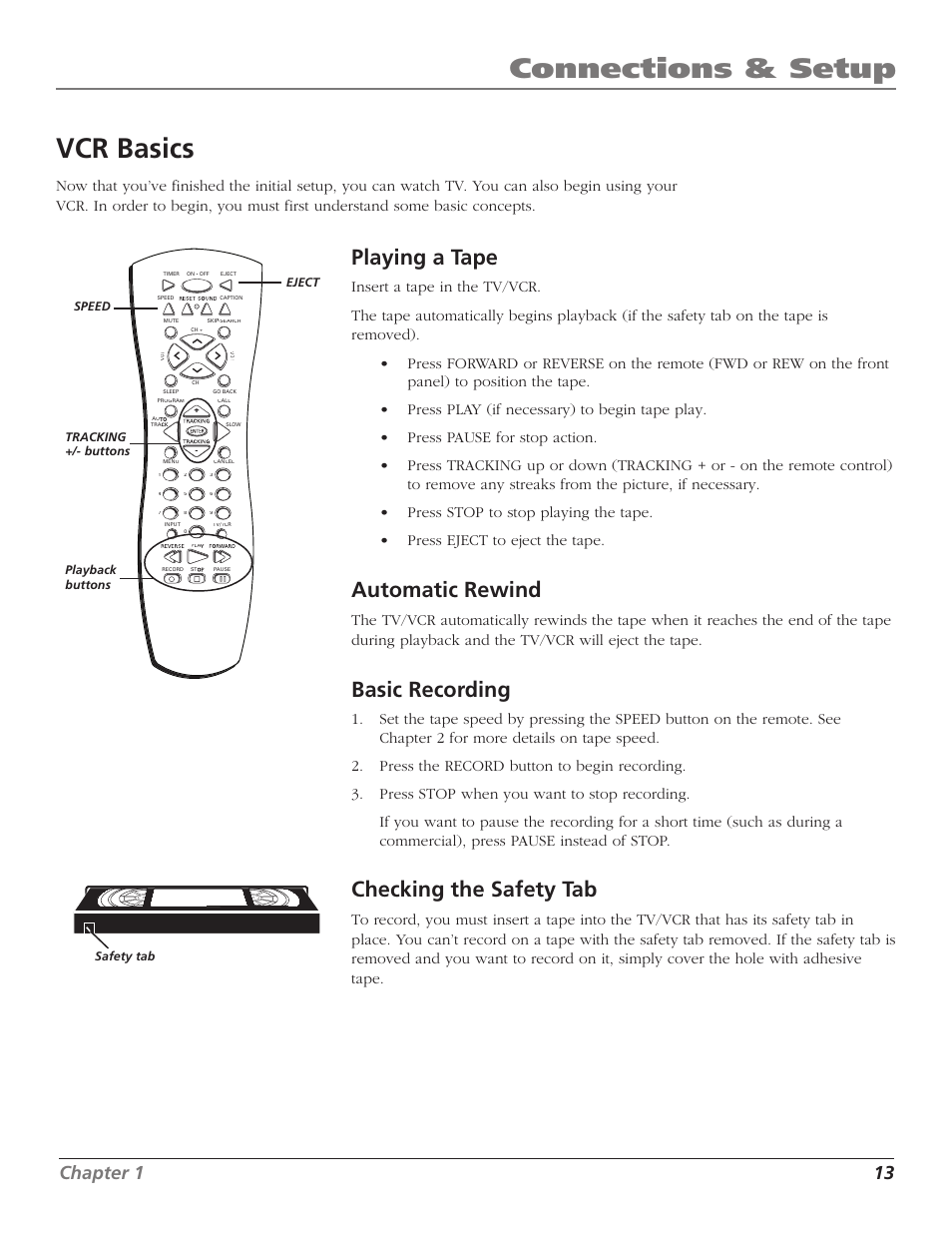 Connections & setup vcr basics, Playing a tape, Automatic rewind | Basic recording, Checking the safety tab, Chapter 1 13 | RCA T25208 User Manual | Page 15 / 44