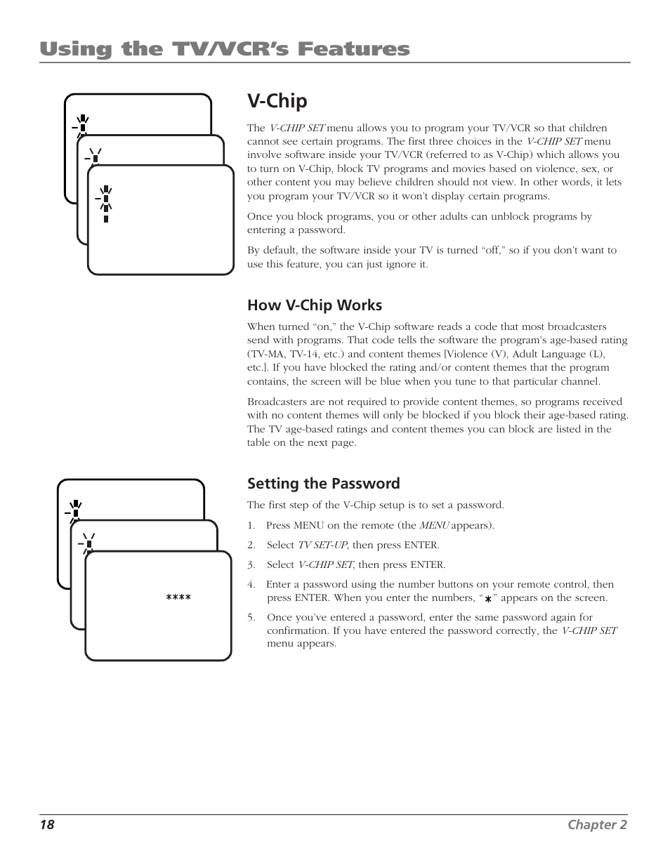 Using the tv/vcr’s features, V-chip, How v-chip works | Setting the password | RCA T25208 User Manual | Page 20 / 44