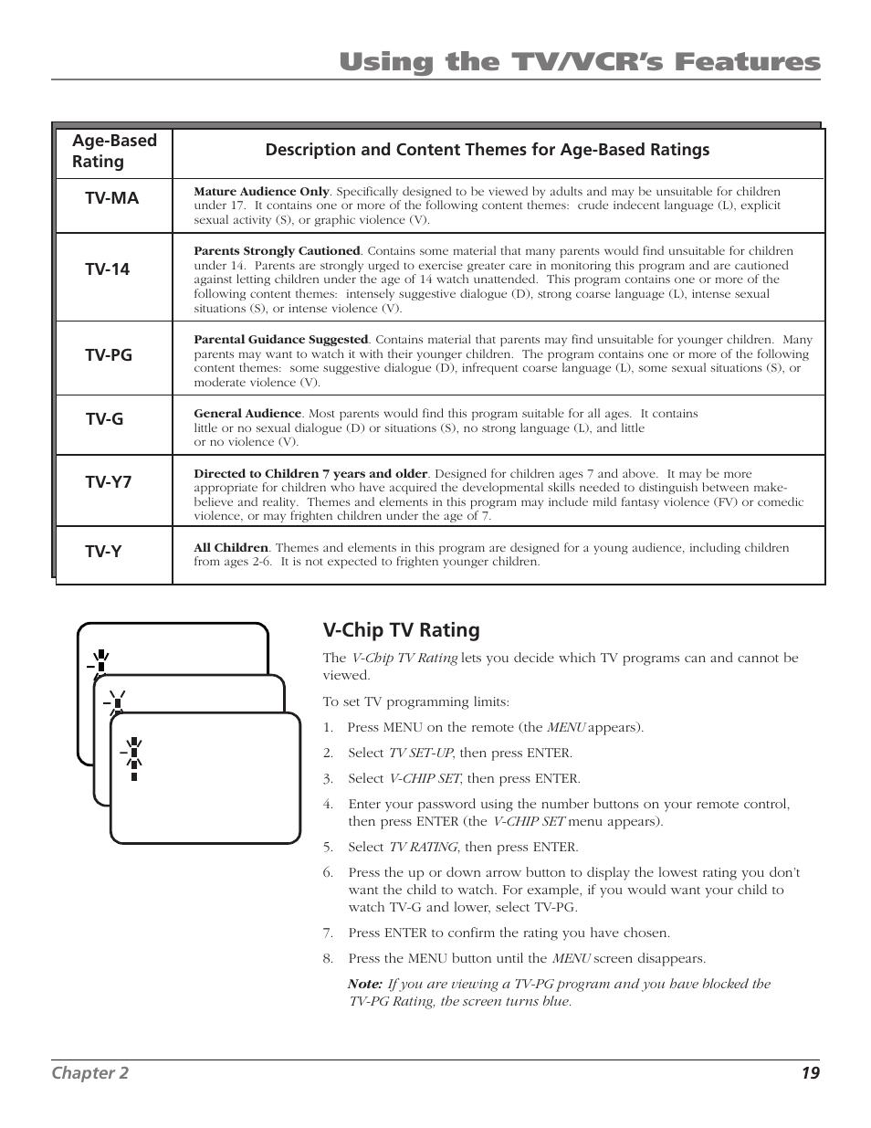 Using the tv/vcr’s features, V-chip tv rating | RCA T25208 User Manual | Page 21 / 44