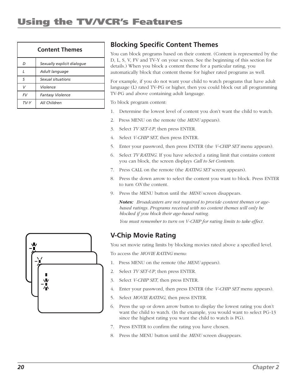 Using the tv/vcr’s features, Blocking specific content themes, V-chip movie rating | RCA T25208 User Manual | Page 22 / 44
